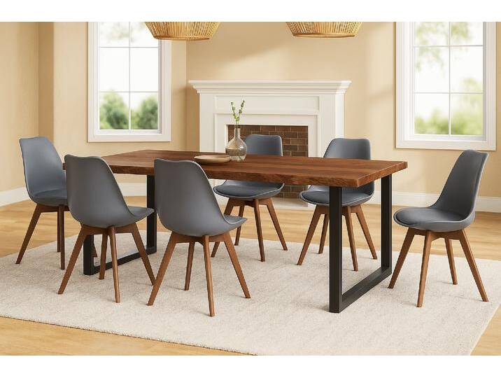 Essgruppe Baumkante massiv 200 x 100 cm Holz-Optik Nussbaumfarben U-Gestell schwarz & 6 Stühle grau JOSY Essgruppe Baumkante massiv 200 x 100 cm Holz-Optik Nussbaumfarben U-Gestell schwarz & 6 Stühle grau JOSY von Möbelliebling