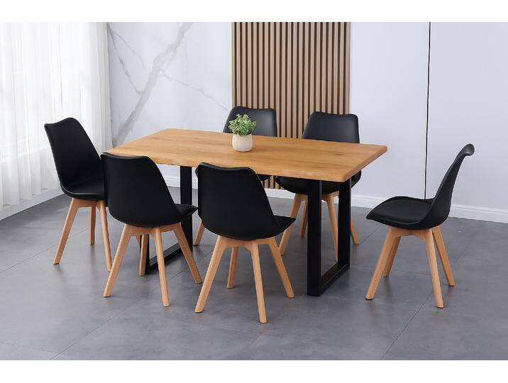 Essgruppe Baumkante massiv 200 x 100 cm Holz Wildeiche-Optik U-Gestell schwarz & 6 Stühle schwarz JOSY von Möbelliebling