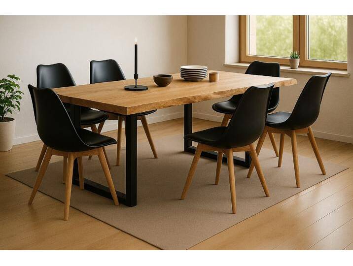 Essgruppe Baumkante massiv 200 x 100 cm Wildeiche U-Gestell schwarz & 6 Stühle schwarz SEATTLE von Möbelliebling