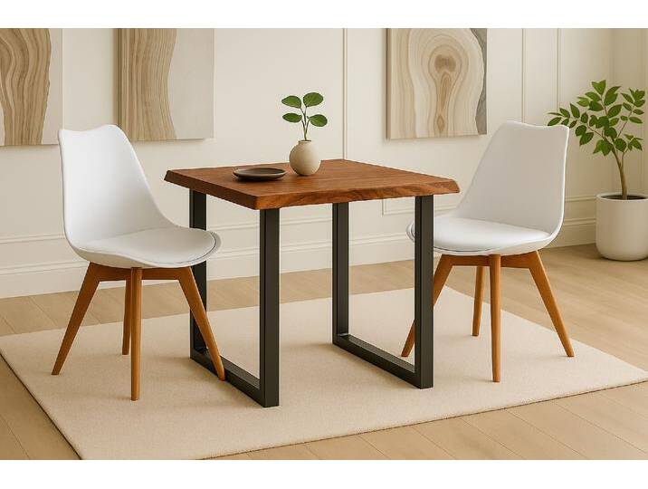 Essgruppe Baumkante massiv 80 x 80 Holz-Optik Nussbaum U-Gestell schwarz & 2 Stühle weiß JOSY Essgruppe Baumkante massiv 80 x 80 Holz-Optik Nussbaum U-Gestell schwarz & 2 Stühle weiß JOSY von Möbelliebling