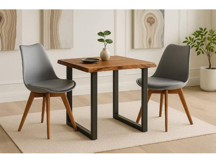 Essgruppe Baumkante massiv 80 x 80 cm Holz-Optik Nussbaum U-Gestell schwarz & 2 Stühle grau JOSY Essgruppe Baumkante massiv 80 x 80 cm Holz-Optik Nussbaum U-Gestell schwarz & 2 Stühle grau JOSY von Möbelliebling