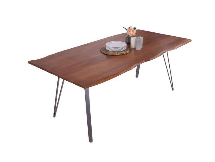 Esstisch Baumkante 180 x 90 cm Akazie massiv nussbaumfarben Metallgestell Silber CELIA Esstisch Baumkante 180 x 90 cm Akazie massiv nussbaumfarben Metallgestell Silber CELIA von Möbelliebling