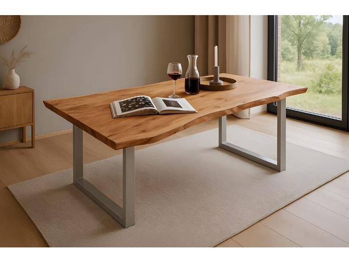 Esstisch Baumkante massiv Akazie natur 120 x 80 U-Gestell silber QUINN von Möbelliebling