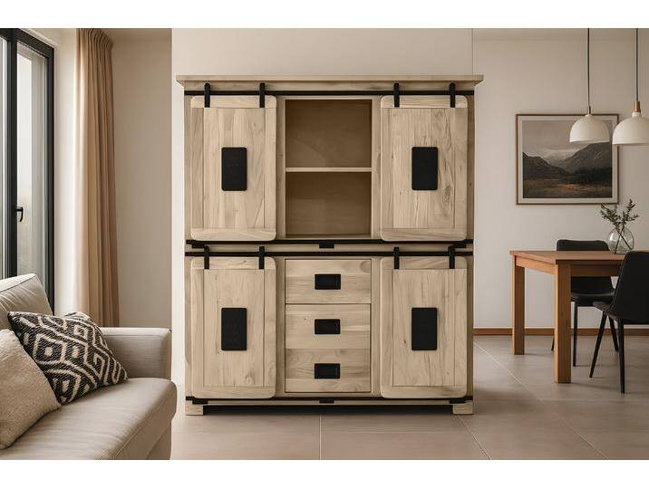 Highboard Vitrine Akazie massiv 150 x 45 x 160 cm eichefarben LIBRO Highboard Vitrine Akazie massiv 150 x 45 x 160 cm eichefarben LIBRO von Möbelliebling