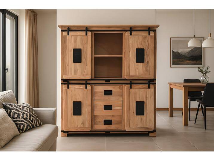 Highboard Vitrine Akazie massiv 150 x 45 x 160 cm naturfarben LIBRO Highboard Vitrine Akazie massiv 150 x 45 x 160 cm naturfarben LIBRO von Möbelliebling