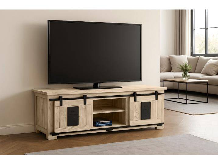 Lowboard Kommode TV-Board mit Schiebetüren & 6 Fächern Akazie massiv eiche 145 x 45 x 50 cm LIBRO von Möbelliebling