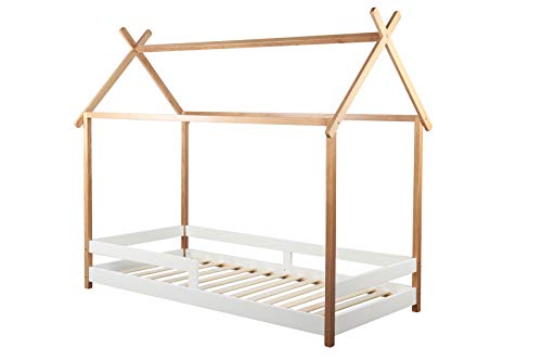 Möbilia® Kinderbett Bett für Kinder, Hausform, 90x200 cm Kiefer L = 204 x B = 117 x H = 180 cm Natur/weiß von Möbilia