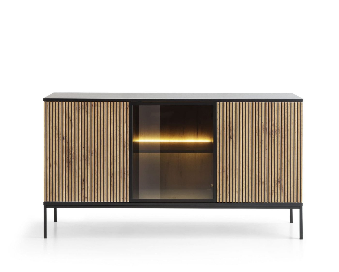 MOEBLO Sideboard Sentino S154 LED (Eiche wotan, Sideboard Wohnzimmer Kommode Schlafzimmer Komodenschrank Highboard, mit gefräster Front und LED-Beleuchtung), (HxBxT):83x154x39 cm von Moeblo