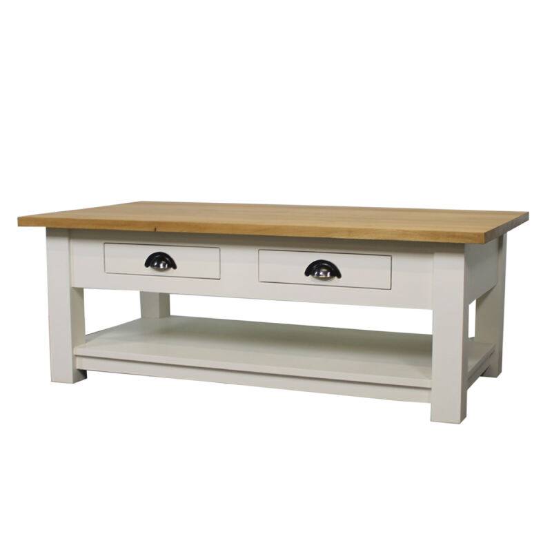 Landhaus Couchtisch weiß mit Eichenplatte Massivholz von Möbro Manufacturing