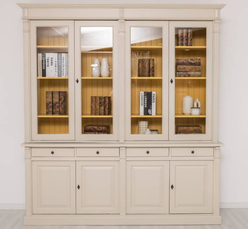 Landhaus Vitrinenschrank mit Schubladen cremegrau + ockergelb Landhaus Vitrinenschrank mit Schubladen cremegrau + ockergelb von Möbro Manufacturing