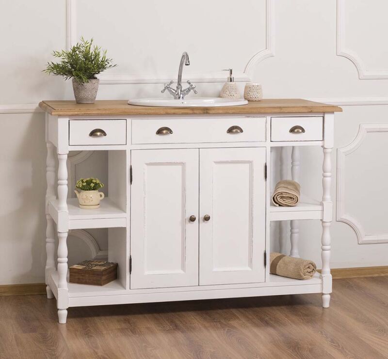 Landhaus Waschtisch weiß Shabby mit Eichenplatte von Möbro Manufacturing