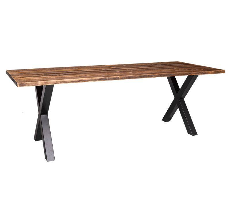 Rustikaler Baumkante-Esstisch mit X-Metallbeinen 210 x 100 cm lackiert von Möbro Manufacturing