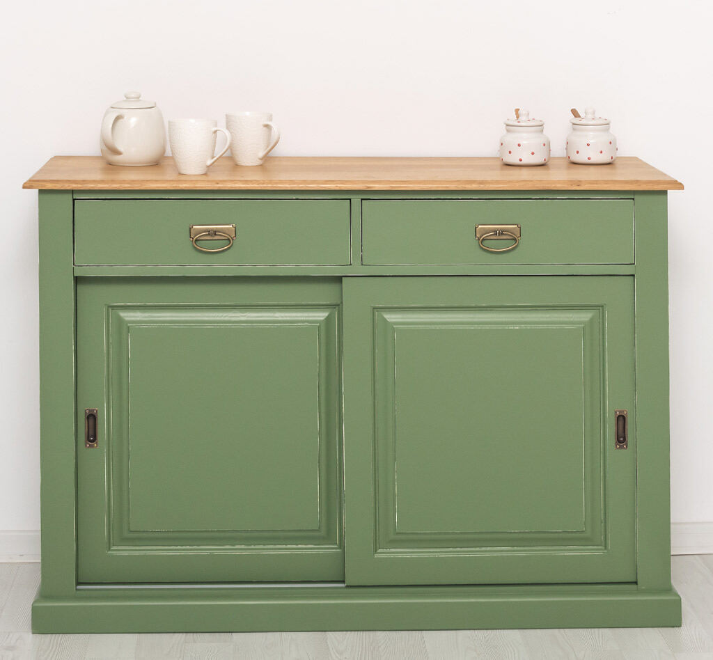 Schiebetüren-Sideboard in resedagrün mit Eichenplatte von Möbro Manufacturing