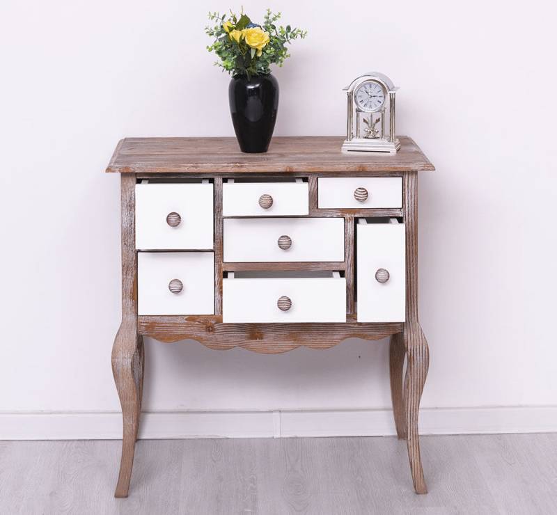 romantischer Konsolentisch mit vielen Schubfächern weiß / braun-weiß tief gebürstet von Möbro Manufacturing