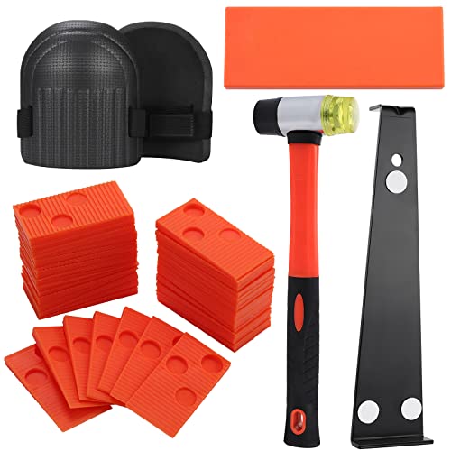 Laminat Holz Bodenbelag Installation Kit Plank Bodenbelag Montagewerkzeug mit 40 Abstandshaltern Heavy Duty Zugstange Solid Tapping Block Double-Faced Mallet, Foam Kneepads (Orange) von Moendergo