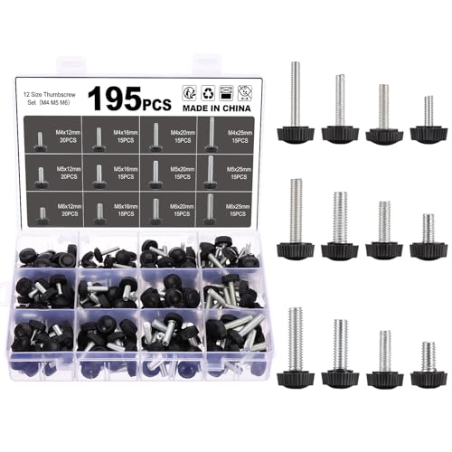 Moendergo 12 Größen 195 Stück Rändelschraube Set, M6 M5 M4 Rändelschrauben mit Griff, Carbon Gewinde Rundkopf Rändelschraube für Arten von Ständer und Maschinen von Moendergo