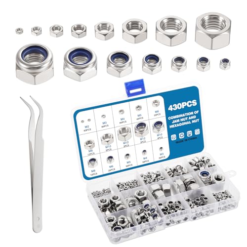 Moendergo 430PCS Selbstsichernde Muttern Set Edelstahl, Sechskantmuttern und Sicherungsmuttern 15 Größe Sechskantmutter Set，Edelstahlmutter mit gebogener Pinzette M2 M3 M4 M5 M6 M8 M10 M12 von Moendergo