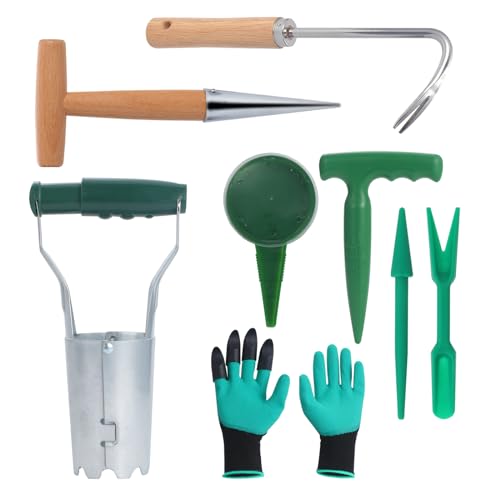 Moendergo Pflanzer-Werkzeug Set，Blumen pflanzwerkzeug mit Bodenstarter,Locher,Unkrautstecher, Sämlingsentferner, Pflanzung und Sämaschine,Gartenbauhandschuhe, für Aussaat & Umpflanzen von Moendergo