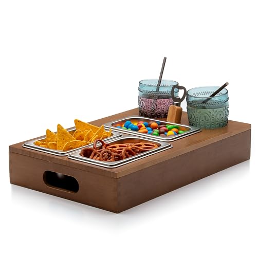 Couchbar Snackbox Sofatablett – 3 Schalen aus Edelstahl für Chips und Snacks – Getränkehalter – Tablett mit Ablage aus Holz (Bambus) für Sofa und Bett – Organizer oder Geschenke für Männer von Moep