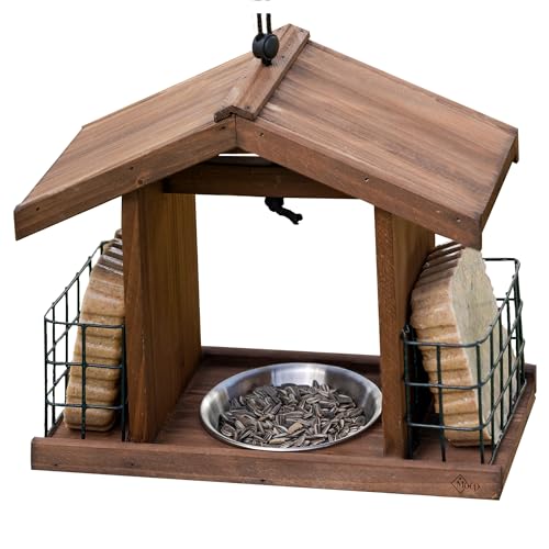 Vogelhaus aus Holz mit Futternapf oder Trinknapf als Metallschale für den Garten/Balkon zum Aufhängen Vogelfutterhaus Futterstation für Energieblock von Moep