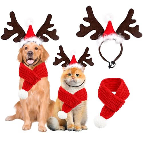 Moerstar Weihnachten Haustier Stirnband, Weihnachten Rentiergeweih Hund mit Weihnachtsmannmütze, mit Schal, Hunde Weihnachtskostüm Weihnachtsfeier (S) von Moerstar