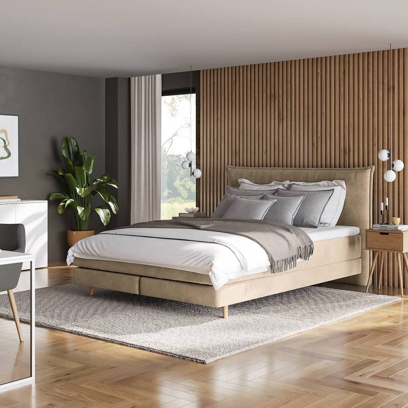 home24 Boxspringbett Klassisch 160 x 200cm Samt Vaia Beige H3 von home24
