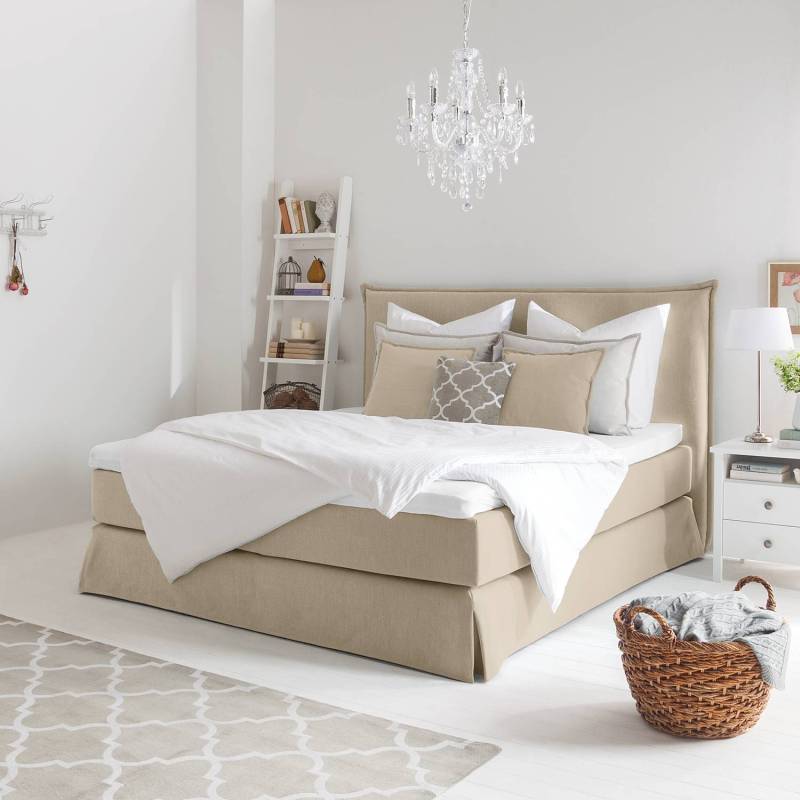 home24 Boxspringbett AVELLINO mit Husse 160 x 200cm Webstoff Meara Beige H3 von home24