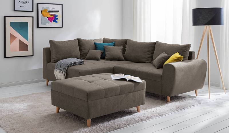 home24 Ecksofa Capstone Grau Microfaser Sole 249 x 94 x 175cm Ottomane davorstehend links mit Hocker Skandi von home24