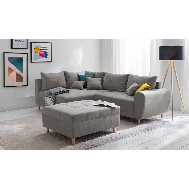 home24 Ecksofa Capstone Grau Microfaser Sole 249 x 94 x 175cm Ottomane davorstehend links mit Hocker Skandi von home24