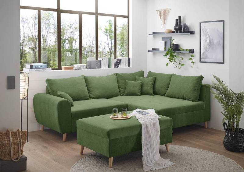 home24 Ecksofa Capstone Grün Cordstoff Fjella 249 x 94 x 175cm Ottomane davorstehend rechts mit Hocker Skandi von home24