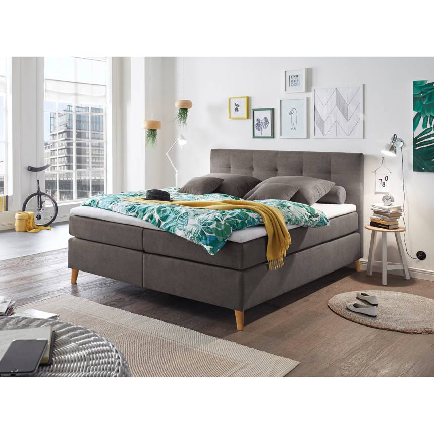 home24 Boxspringbett Campile inkl. Topper 180 x 200cm Bezug: Webstoff Füße: Massivholz Buche Grau/Rauchgrau Buche home24 Boxspringbett Campile inkl. Topper 180 x 200cm Bezug: Webstoff Füße: Massivholz Buche Grau/Rauchgrau Buche von home24