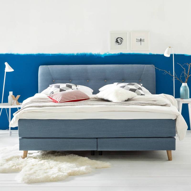 home24 Boxspringbett Mälby 140 x 200cm Webstoff Blau/Matt Hellblau von home24