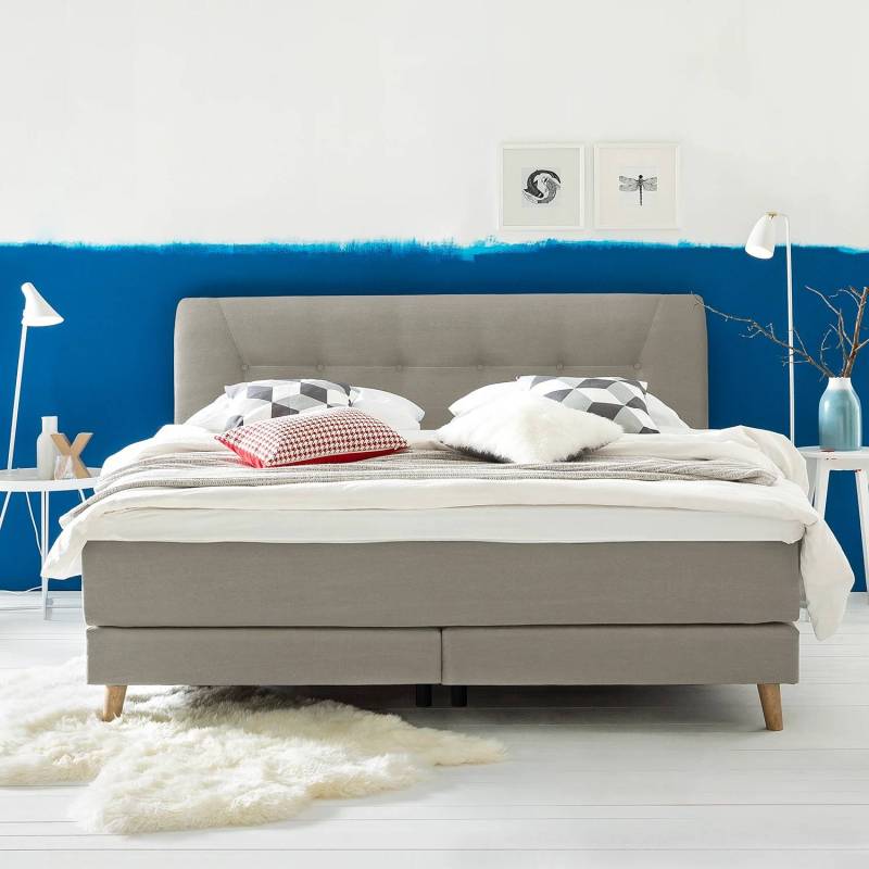 home24 Boxspringbett Mälby 200 x 200cm Webstoff Beige/Beige von home24