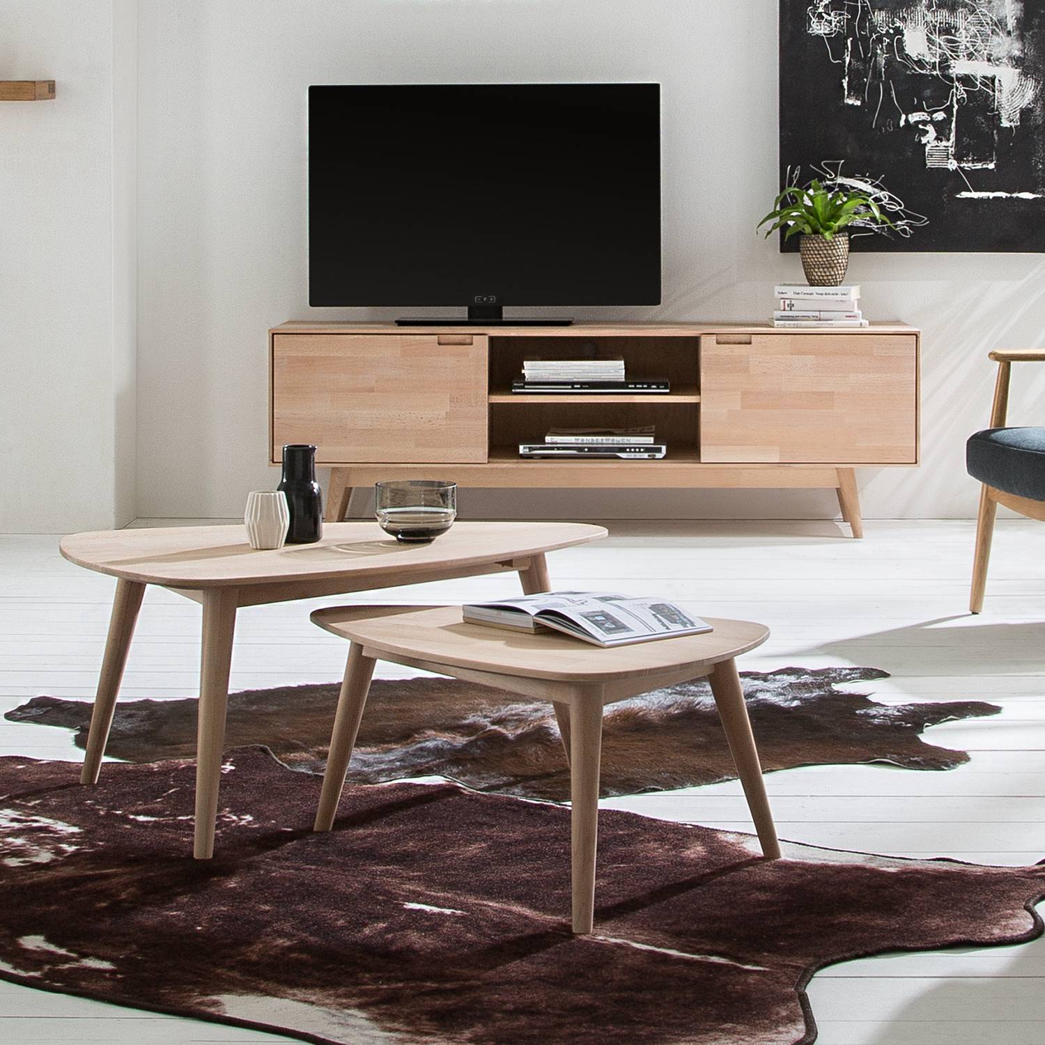 home24 Massiver Couchtisch 90 x 60cm Beige/Buche Weißöl von home24