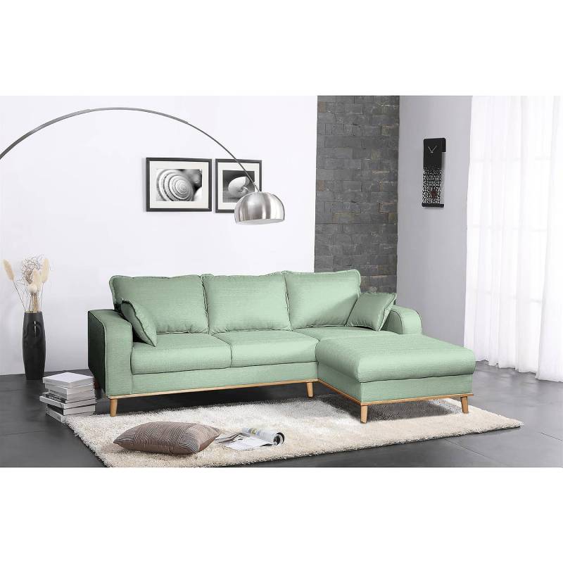 home24 Ecksofa mit Longchair Grün/Mint Webstoff Posy 230 x 86 x 150cm Longchair davorstehend rechts Skandi von home24