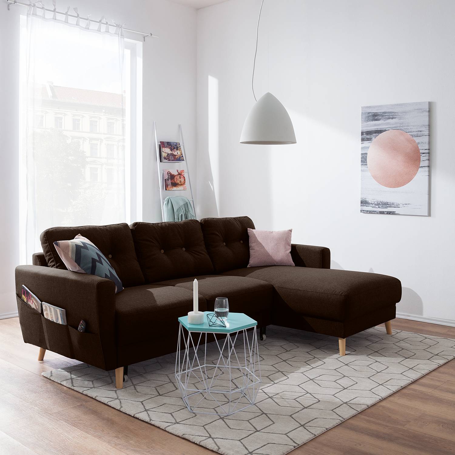 Mørteens Ecksofa Sola 2-Sitzer Dunkelbraun Flachgewebe 225x86x147 cm mit Schlaffunktion und Bettkasten von Mørteens