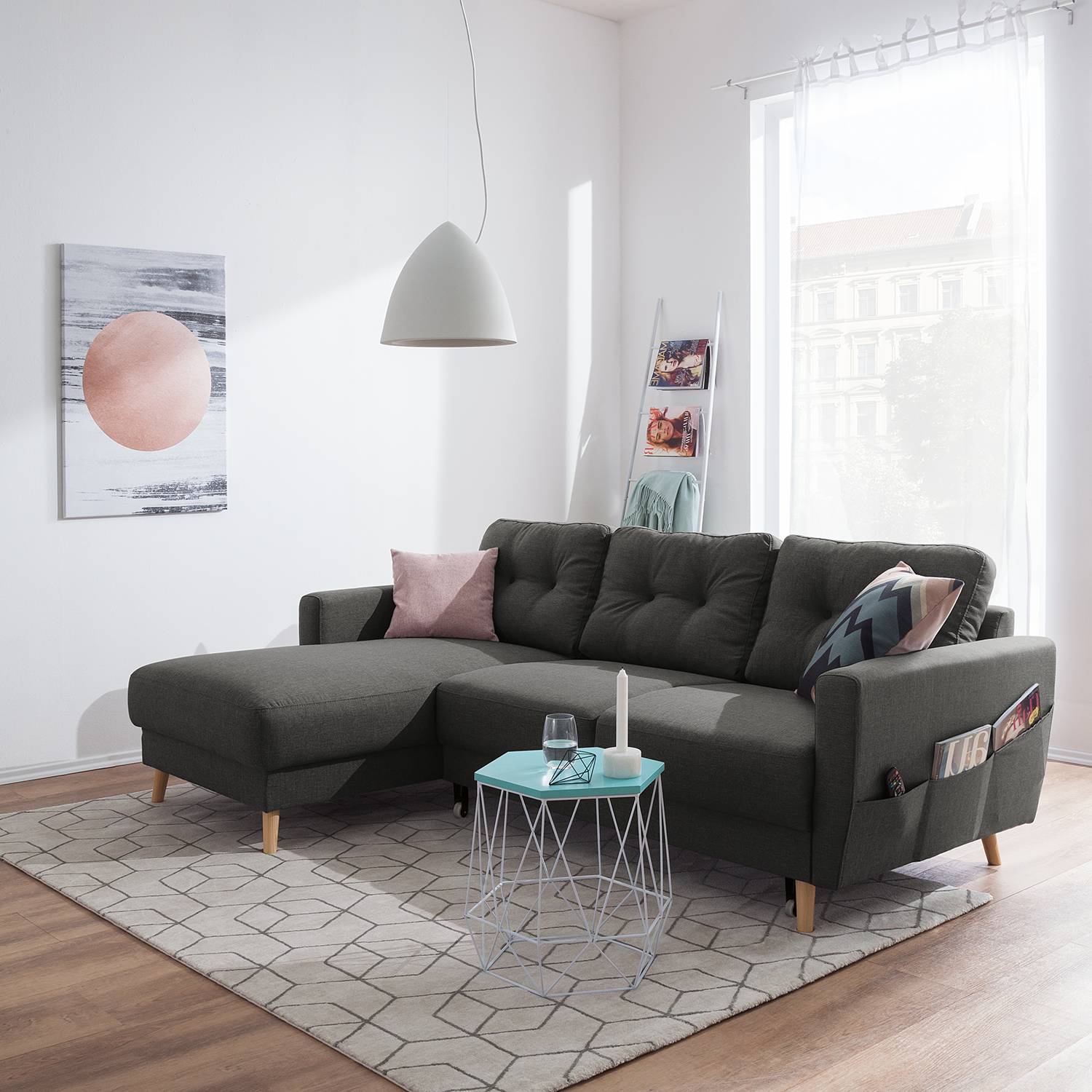 Mørteens Ecksofa Sola 2-Sitzer Dunkelgrau Flachgewebe 225x86x147 cm mit Schlaffunktion und Bettkasten von Mørteens