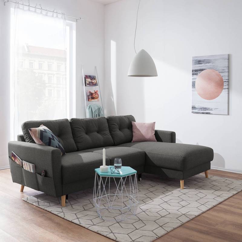 home24 Ecksofa mit Longchair Schwarz/Grau/Dunkelgrau/Schwarz Webstoff Luba 223 x 90 x 148cm Longchair davorstehend rechts mit Schlaffunktion Skandi von home24