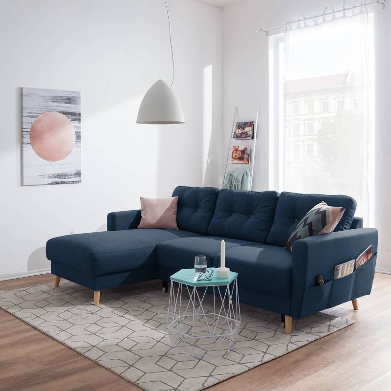 home24 Ecksofa mit Longchair Blau/Grün/Jeansblau/Olivgrün Webstoff Luba 223 x 90 x 148cm Longchair davorstehend links mit Schlaffunktion Skandi von home24
