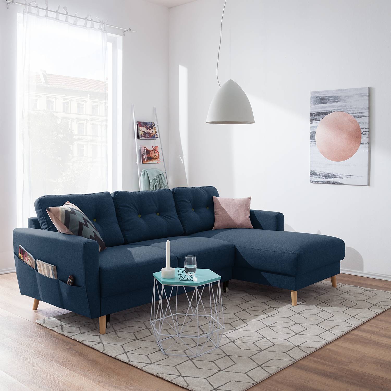 Mørteens Ecksofa Sola 2-Sitzer Jeansblau Flachgewebe 225x86x147 cm mit Schlaffunktion und Bettkasten von Mørteens