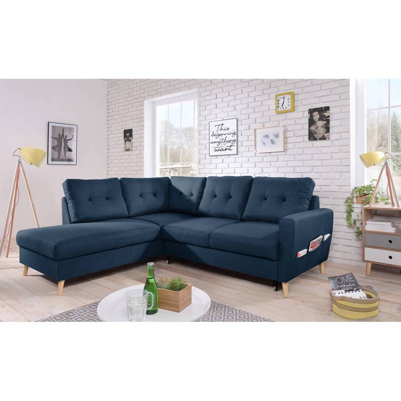 home24 Ecksofa mit Ottomane Blau/Jeansblau Webstoff Luba 230 x 90 x 200cm Ottomane davorstehend links mit Schlaffunktion Skandi von home24
