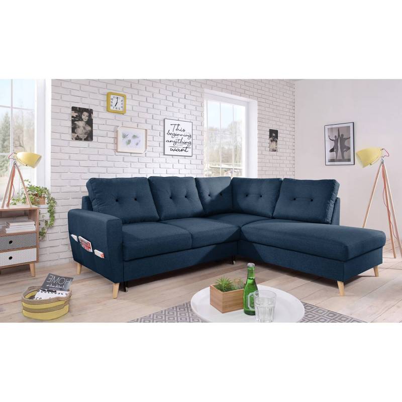 home24 Ecksofa mit Ottomane Blau/Jeansblau Webstoff Luba 230 x 90 x 200cm Ottomane davorstehend rechts mit Schlaffunktion Skandi von home24