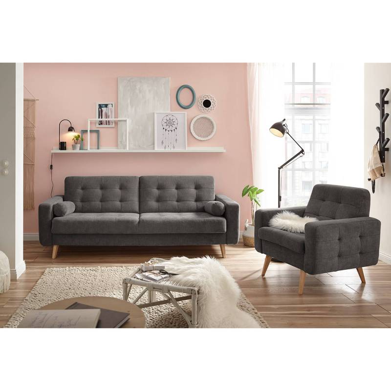 Mørteens Schlafsofa Borsh Dunkelgrau Microfaser 222x86x90 cm mit Schlaffunktion und Bettkasten von Mørteens