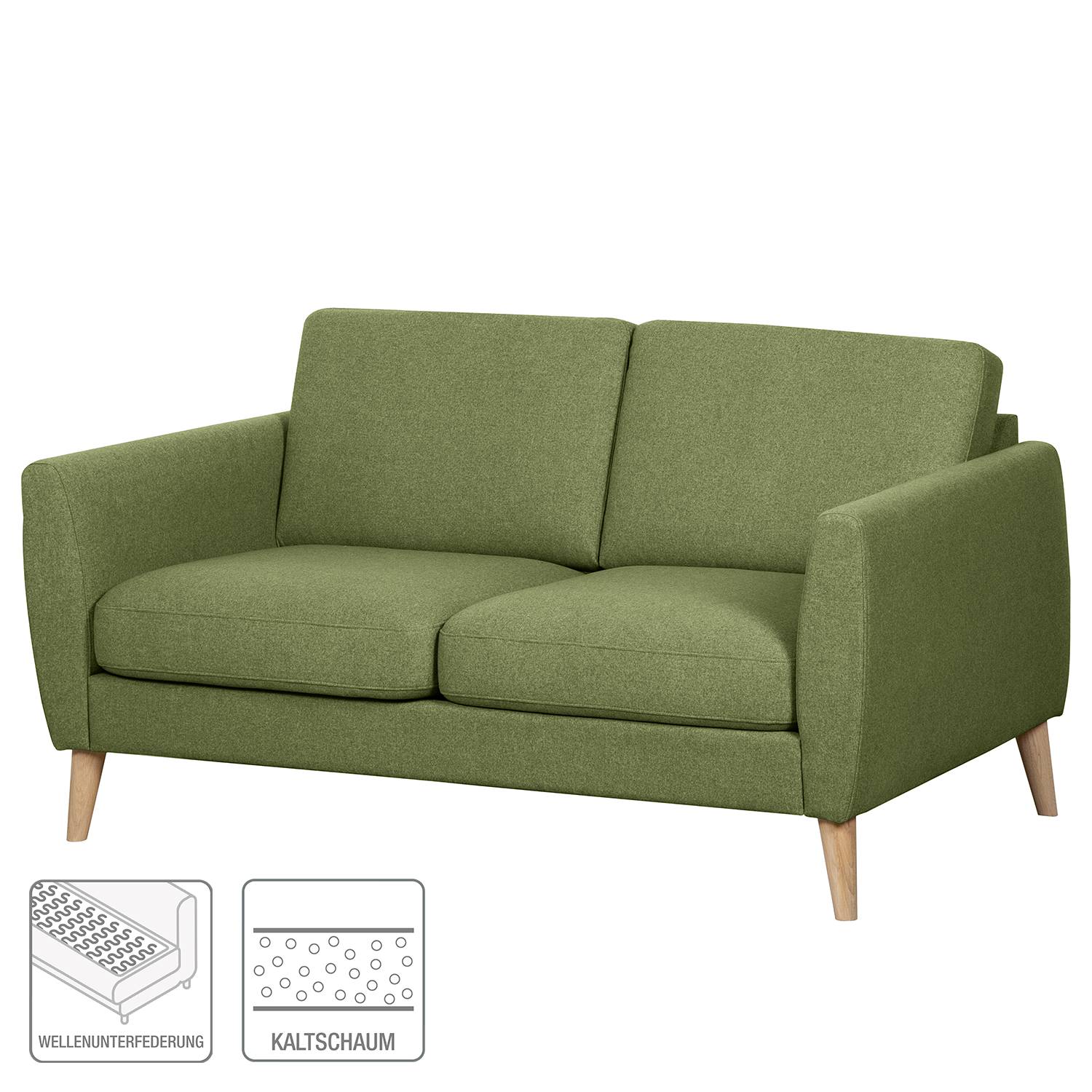 home24 Sofa Kustavi 2 -Sitzer Grün/Olivgrün Strukturstoff 160 x 80 x 86cm Skandi von home24