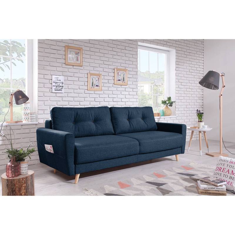 home24 3-Sitzer Sofa Blau/Jeansblau Webstoff Luba 220 x 90 x 90cm Armlehne beidseitig montierbar ohne Schlaffunktion Skandi von home24