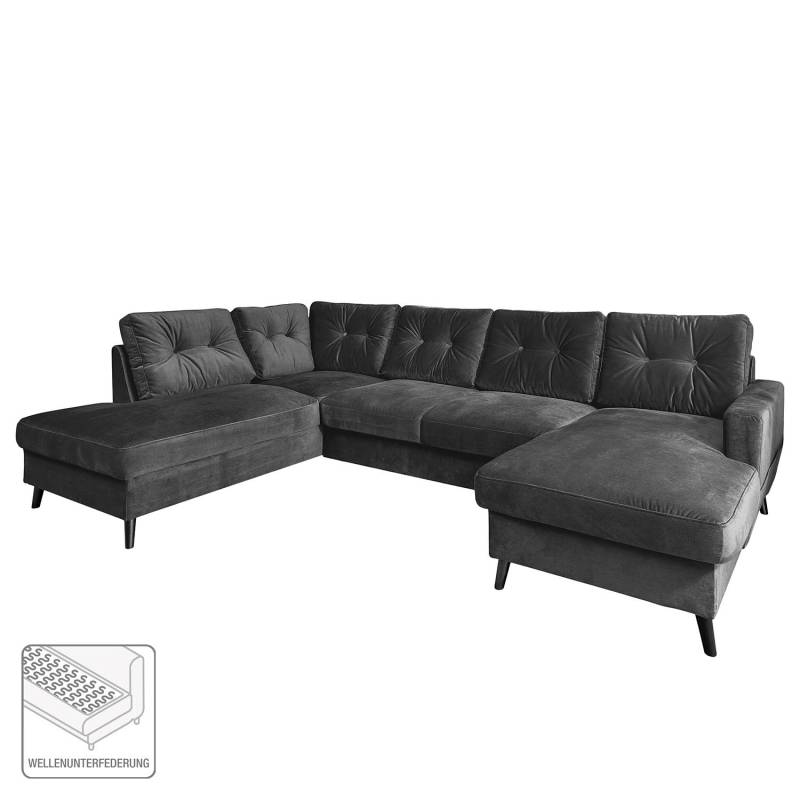 home24 Wohnlandschaft Grau/Grau Samt Krysia 297 x 90 x 198cm Longchair davorstehend rechts / Ottomane links ohne Schlaffunktion Glamour von home24