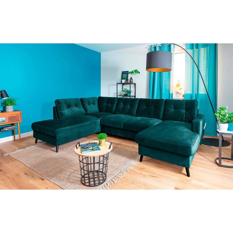 home24 Wohnlandschaft Blau/Petrol Samt Krysia 297 x 90 x 198cm Longchair davorstehend rechts / Ottomane links ohne Schlaffunktion Glamour von home24