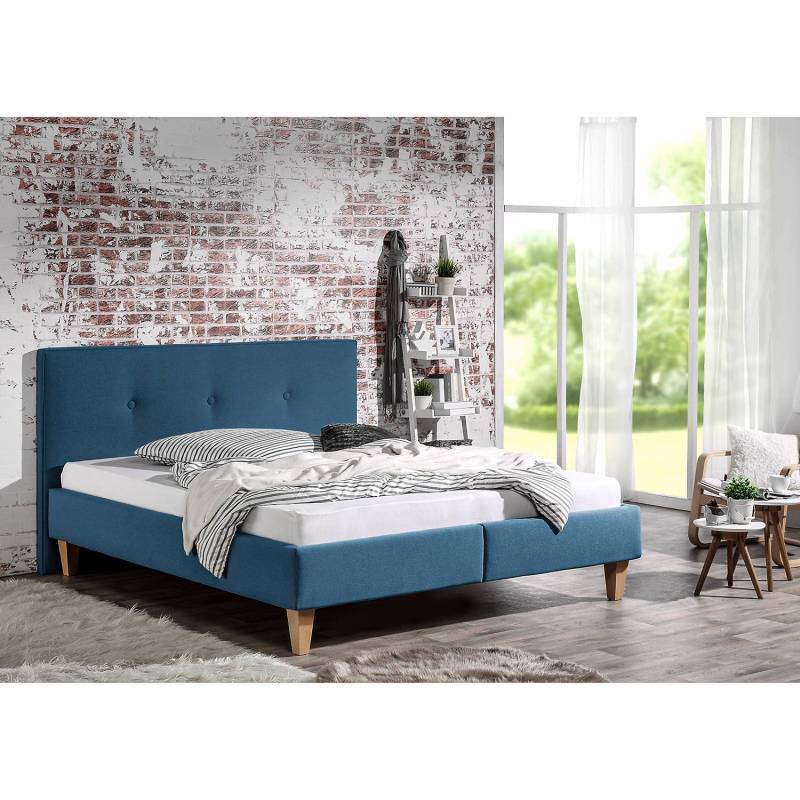 home24 Polsterbett Alnarp Strukturstoff 200 x 200cm Bezug: Strukturstoff Füße: Massivholz Buche, geölt Blau/Jeansblau ohne Lattenrost & Matratze von home24