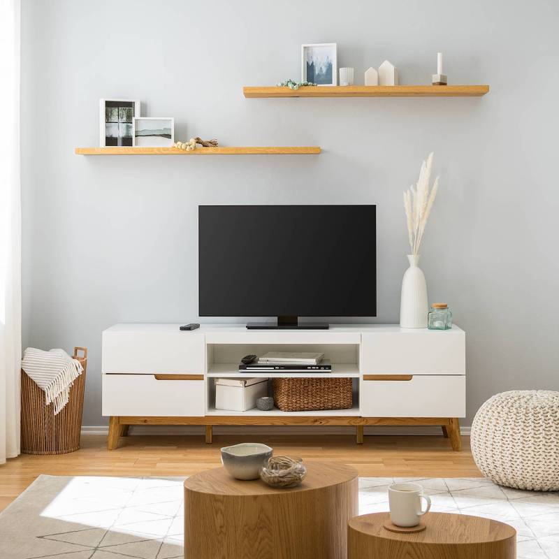 home24 TV-Lowboard Front & Korpus: MDF Mitteldichte Holzfaserplatte , lackiert Gestell: Massivholz Asteiche, geölt Absetzung: MDF Mitteldichte von home24