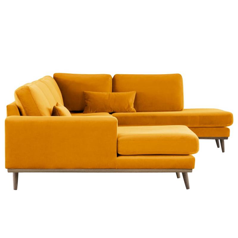home24 Wohnlandschaft Gelb Samt Sadia 371 x 81 x 219cm Longchair davorstehend links / Ottomane rechts Retro von home24
